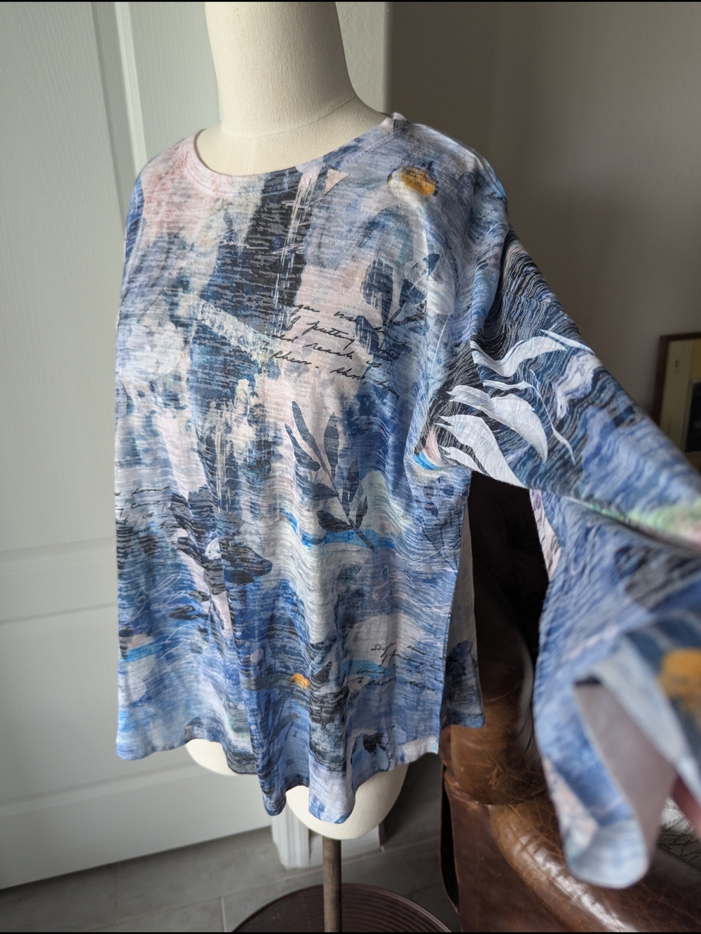 Abstract Blue Crewneck Relaxed Blouse